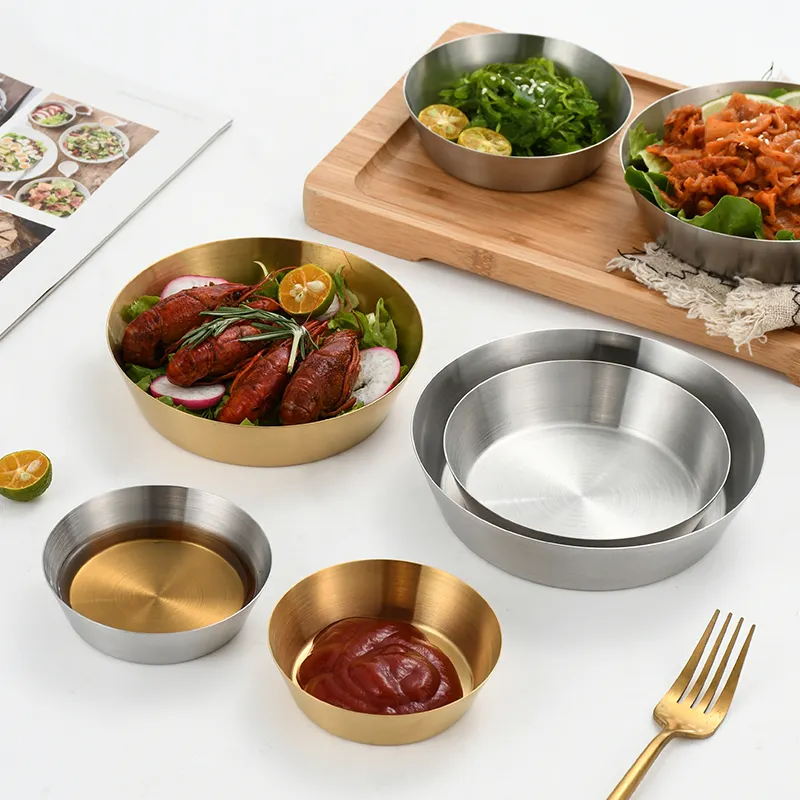 Wholesale 18/8 304 Stainless Steel Korean Golden Snack Square Plate Rice Salad Noodles Basket Dessert Plate