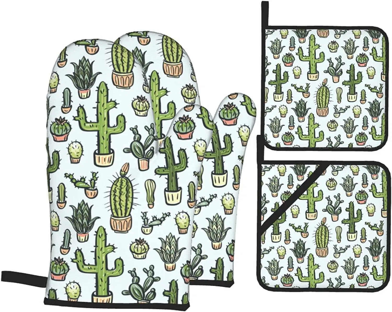 Kitchen Oven Gloves and Pot Holders Set of 4, Cactus Plant Print Microwave Gloves Non-Slip Cooking Gloves