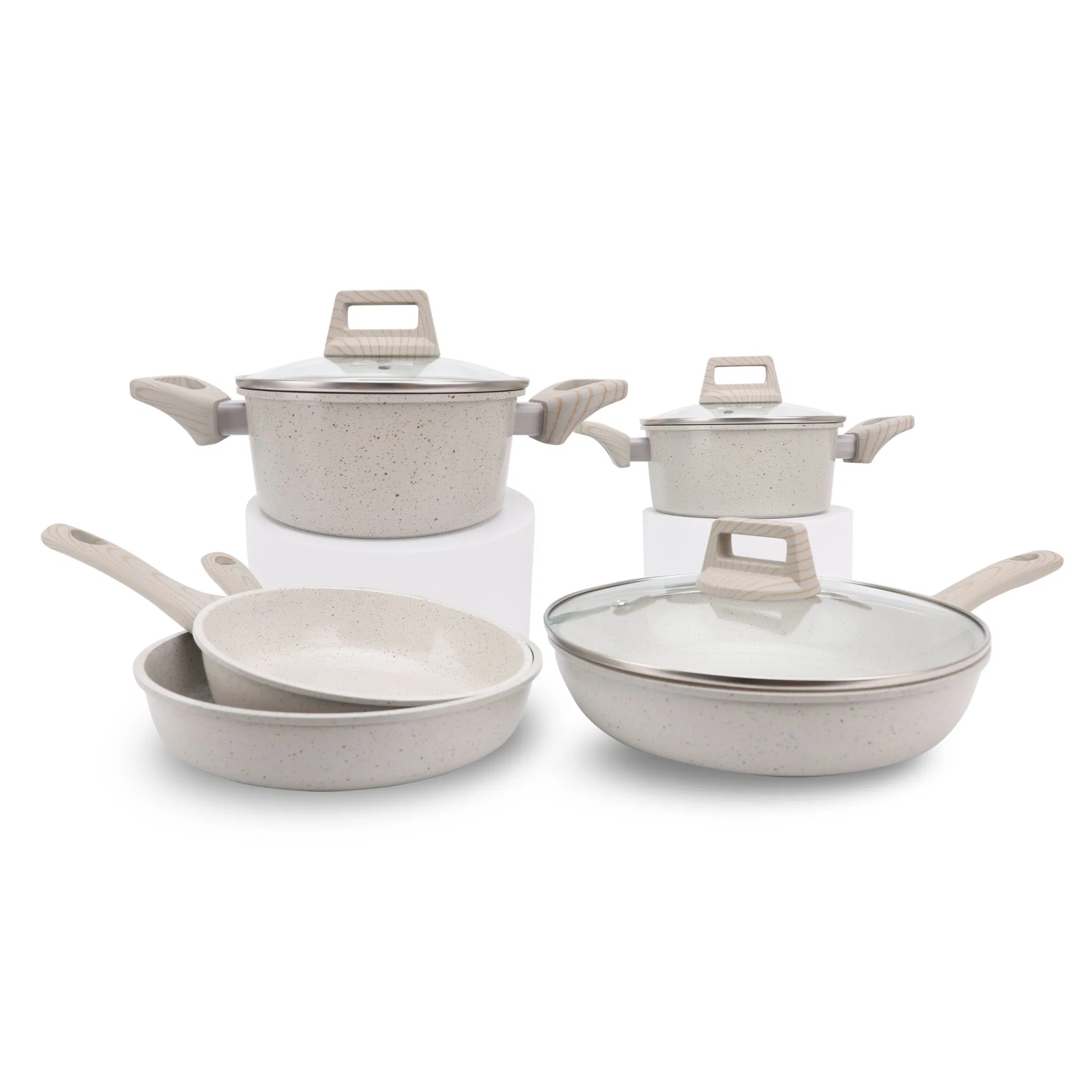 9PCS Nonstick Cookware Beige White Granite Stone Pan and Pots Set for Cooking