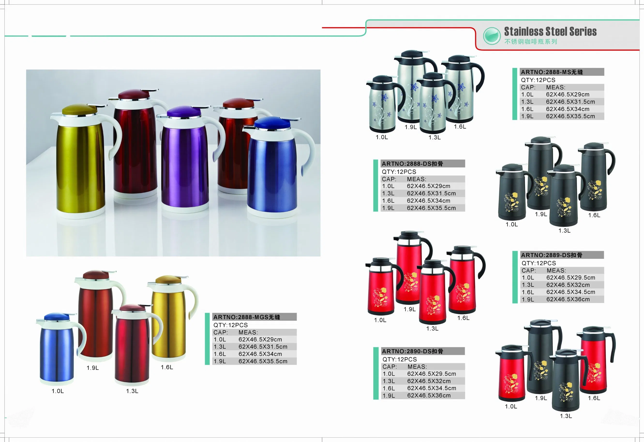 1L 1.3L 1.6L 1.9L Plastic/Stainless Steel Body Glass Vacuum Refill Flask