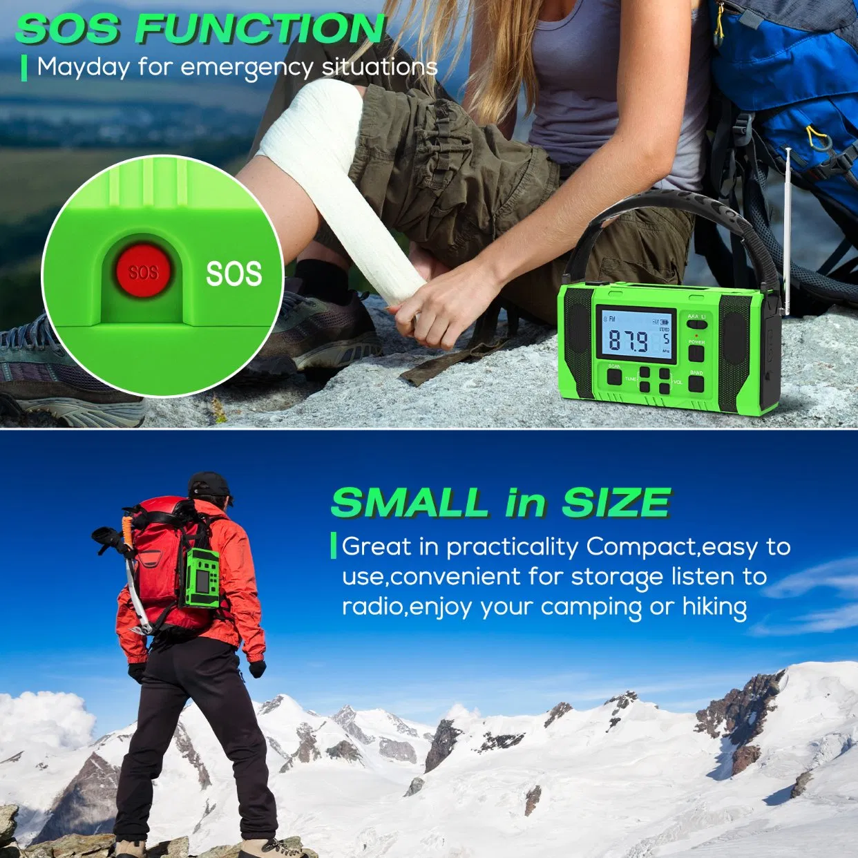 Радио SOS с пауэрбанком 10000mAh, солнечной панелью и динамо