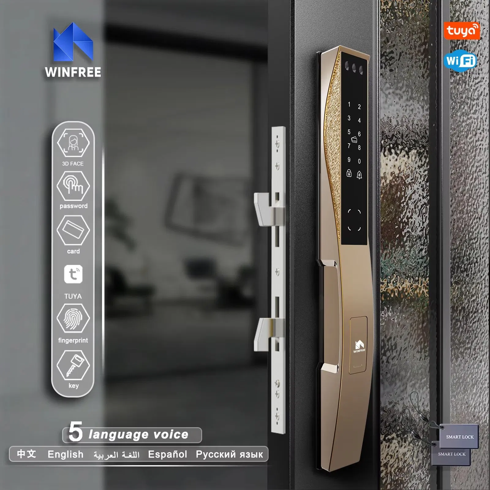 Multilingual Rose Gold Tuya APP Electronic Safety Face Recognition Smart Door Lock