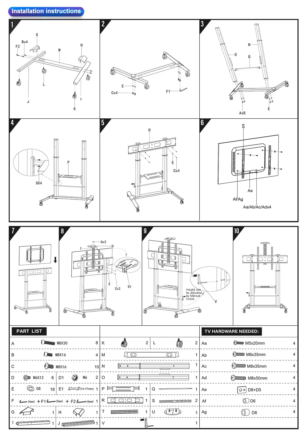 Movable Manual Height Adjustable Stand Economic Stable with 360 Degree Rotation Wheel Hot Selling Metal Universal Height Adjustable Stand LCD Mount Trolley