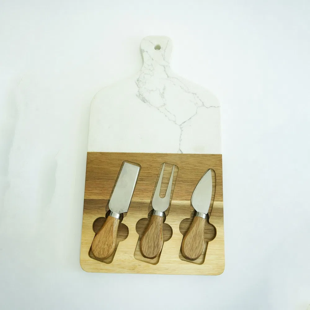 Сырная доска и ножи из акации и мрамора