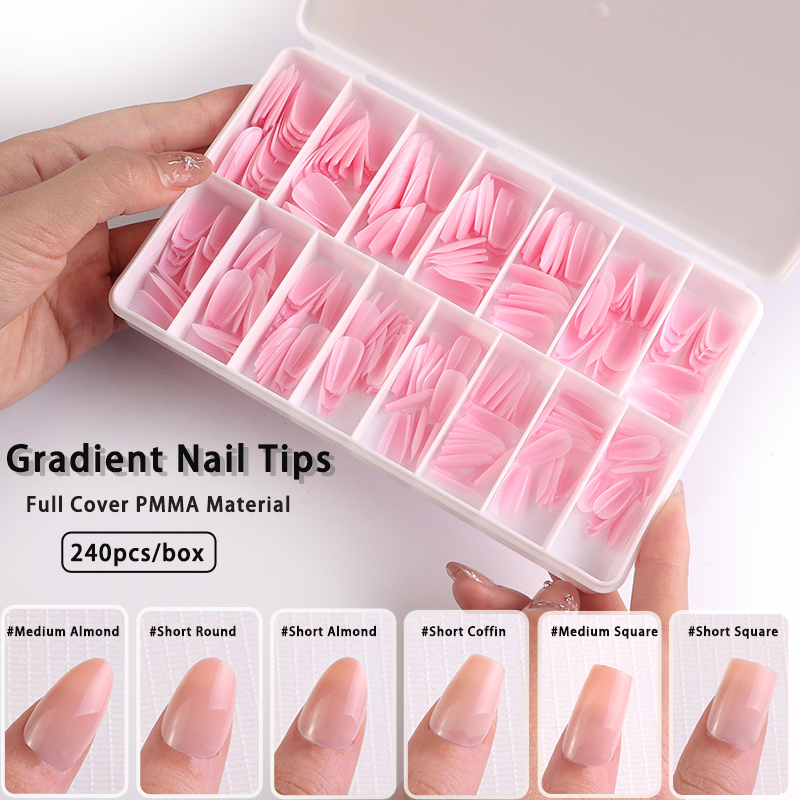 Nail Supplies Manufacturer False Nails Acrylic Gradient White Short Coffin Nail Tips for Nail Art