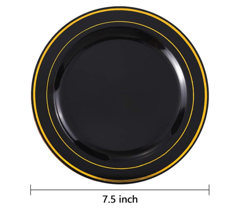Disposable Plastic Gold Hot Stamp Party Dinnerware Set 25 Sets 7.5 and 10.25 Inch Plates Cup Cutlery