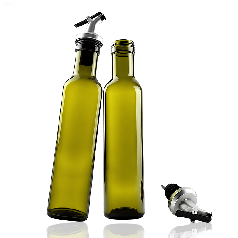 250ml Green Color Square Olive Oil Glass Bottle and Pouring Lid