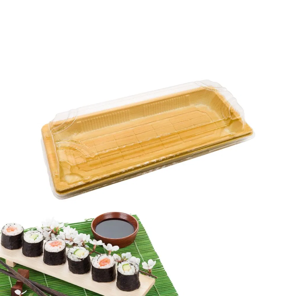 Manluen Food Grade Disposable Takeaway Plastic Boxes Sashimi Salmon Food Packaging Wooden Printing Sushi Container