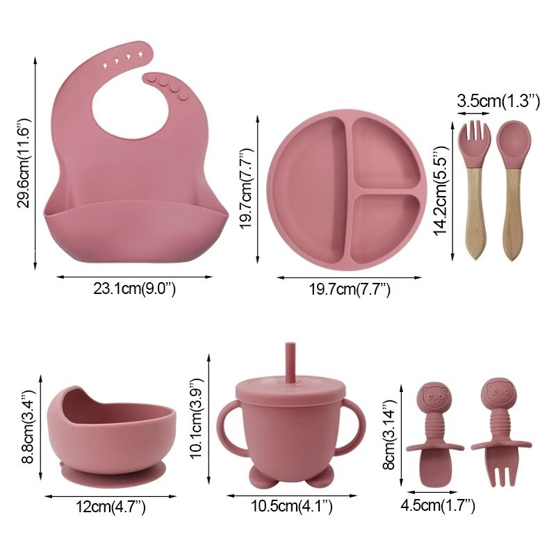 Baby Silicone Tableware Sets FDA LFGB Certified BPA Free Suction Plate Bowl Bib Spoon Set Baby Tableware Set