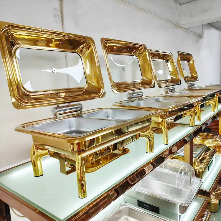 Arabic Hotel 9L Retangular Gold Buffet Stove Buffet Luxury Food Warmer Stainless Steel Chafing Dish for Catering
