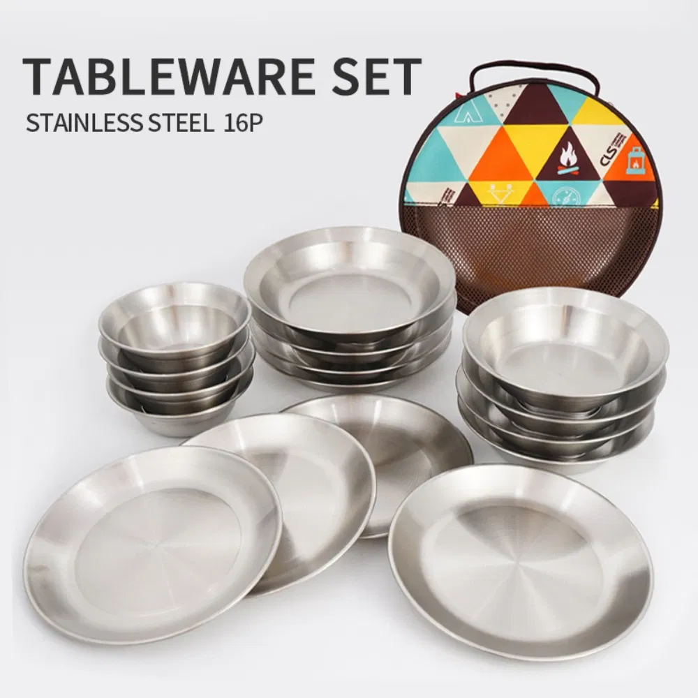 Small and Large Dinnerware Stainless Steel Plates and Bowls Camping Set for Kids, Adults, Family Camping, Hiking, Beach, Outdoor Bl23170
