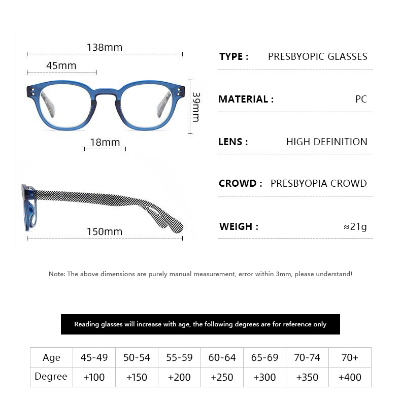 Whosale New Round Frame Eyewear Color Frames Pattern Legs Men and Women Anti-Blue Light Reading Glasses