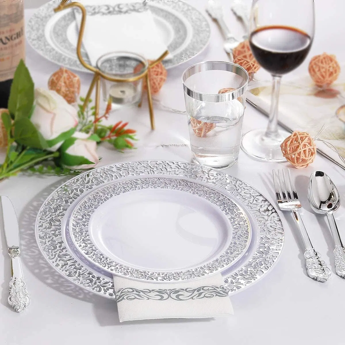 Silver Plastic Plates 10.25 for Big Party White with Silver Lace Rim Disposable Dinner Plates Heavy Duty for Party Wedding Birthday