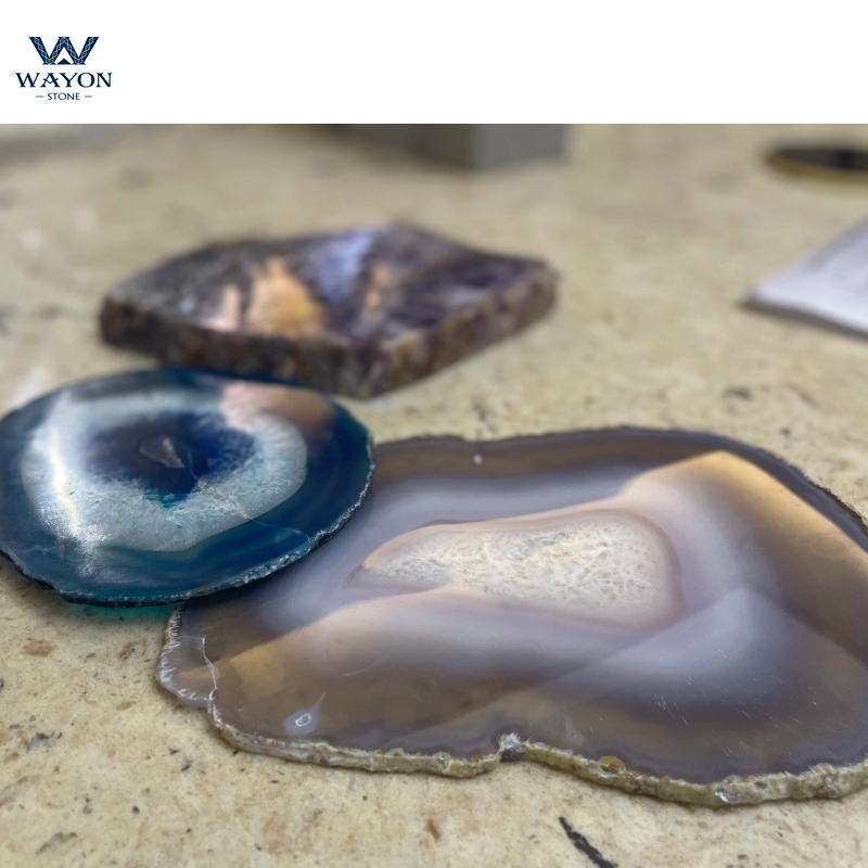 Custom Semi Precious Stone Slab Polished Blue Agate Decorative Wall Panels Luxury Villa Decoration Materials Gem Stone Slab
