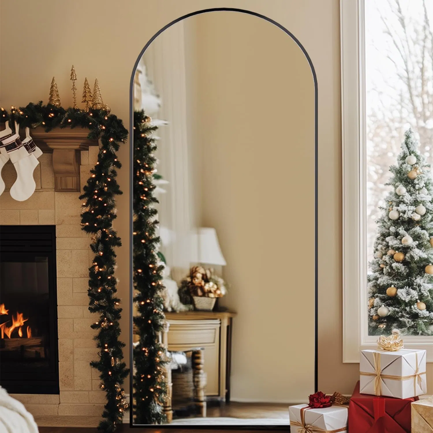 Full Length Arched Mirror Gold Aluminum Floor & Wall Mirror Large Standing Body Mirror for Bedroom & Living Room Elegant Home Decor