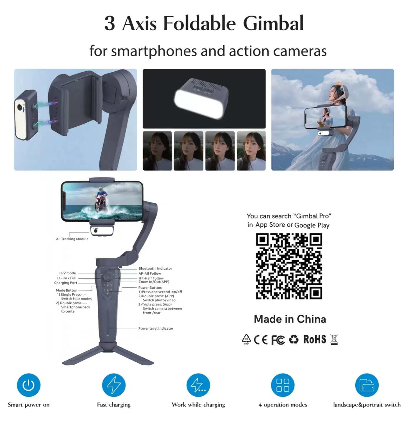 New Ai Face Tracking 3-Axis Stable Gimbal Stabilizer with Follow Focus for Mobile Phone Camera Video Shooting