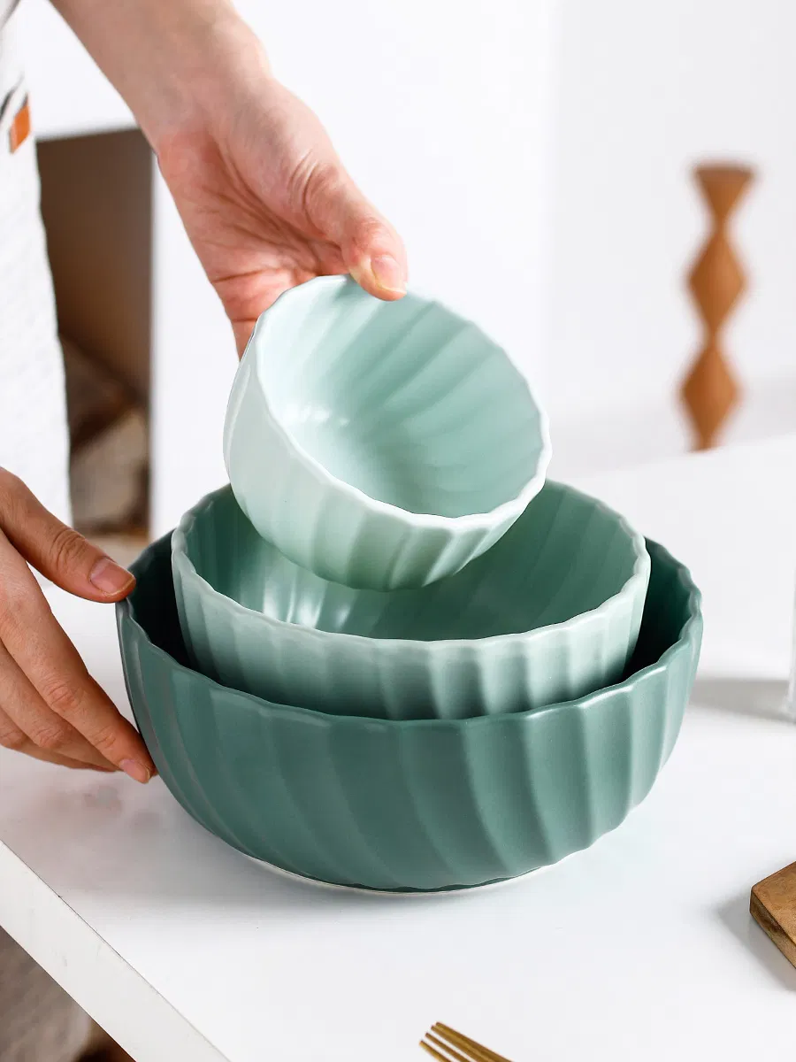 Round Tableware Kitchen Rice Fruits Salad Bowl Serving Ceramic Bowl Gift Set