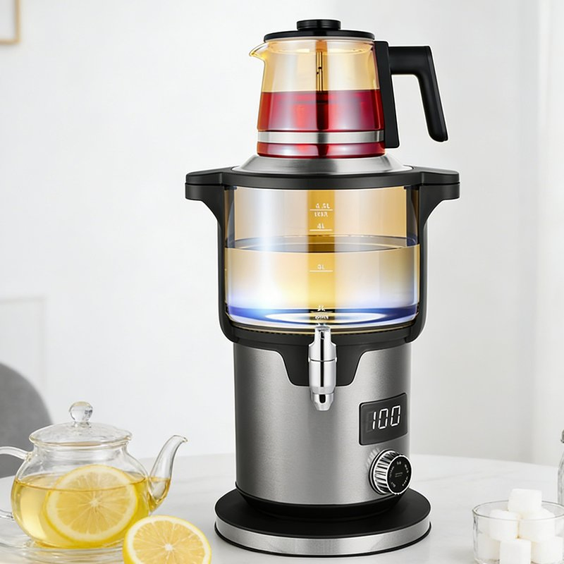 MID-East Stainless Steel Double Samovar Kettle Pot Set Enamel Electric Turkish Samovar Tea Kettle Digital Control Fast Boil Water
