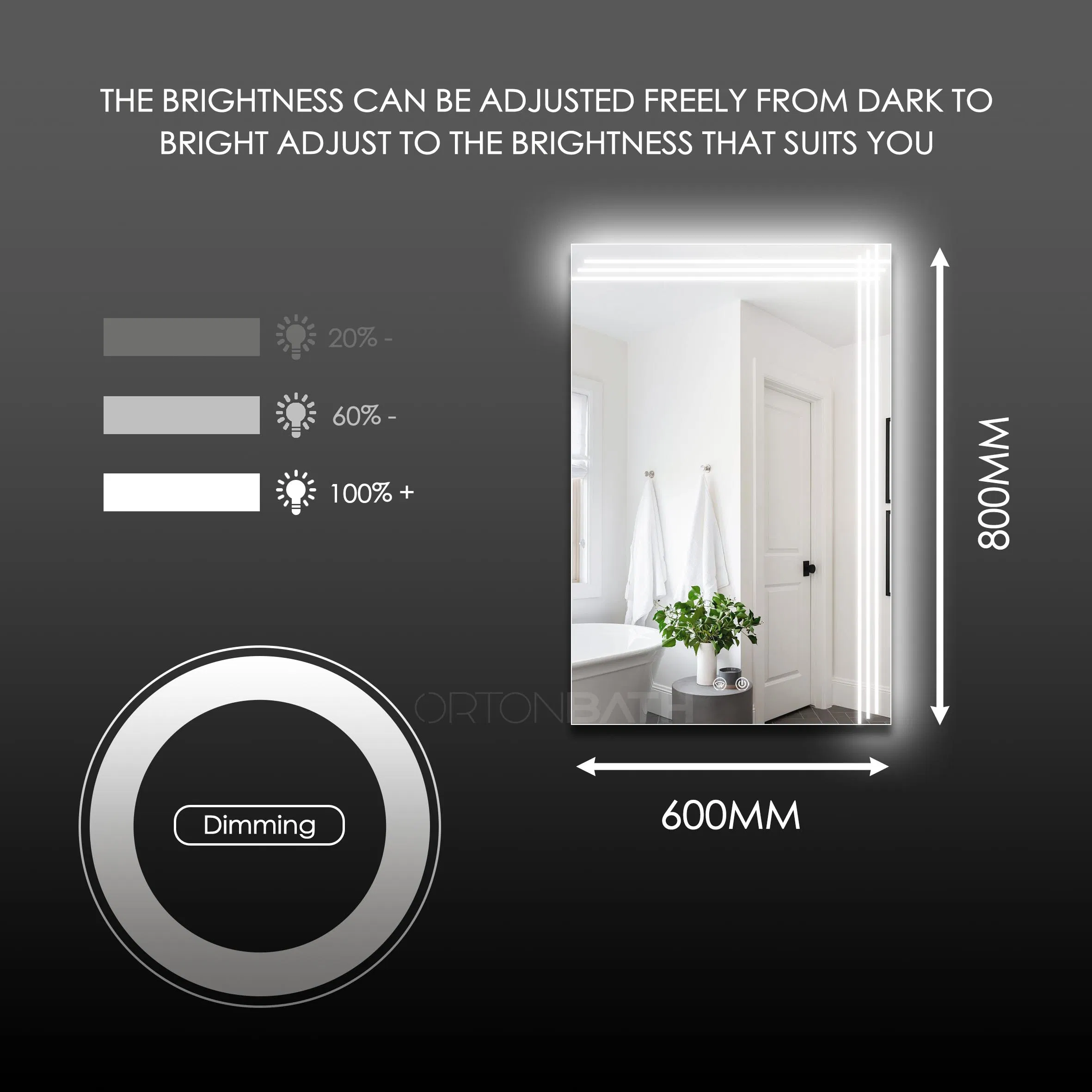 Ortonbath Anti-Fog Lighted Bathroom Mirror Vertical LED Bathroom Mirror with Lights, Dimmable Vanity Mirror, Wall Mounted Smart Mirror