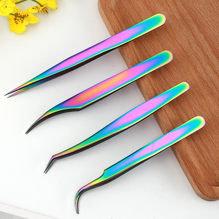 4PCS Custom Logo High Quality Stainless Steel Rainbow Straight Curved Lash Volume Diamond Grip Eyebrow Eyelash Extension Tweezers Set