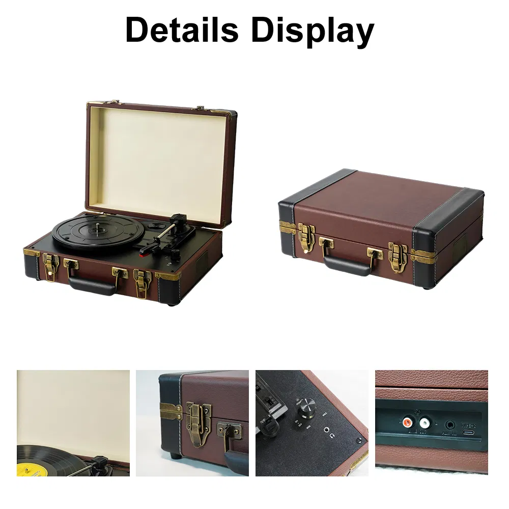 Classic Retro Brown Suitcase Leather Vinyl Record Player HiFi Stereo Wireless Bluetooth 5.0+ Speaker Turntable Player
