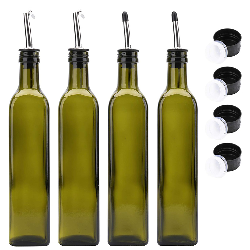 17 Oz Green Glass Olive Oil Dispenser Bottle 500 Ml Oil & Vinegar Cruet with Pourers and Funnel Olive Oil Carafe Decanter