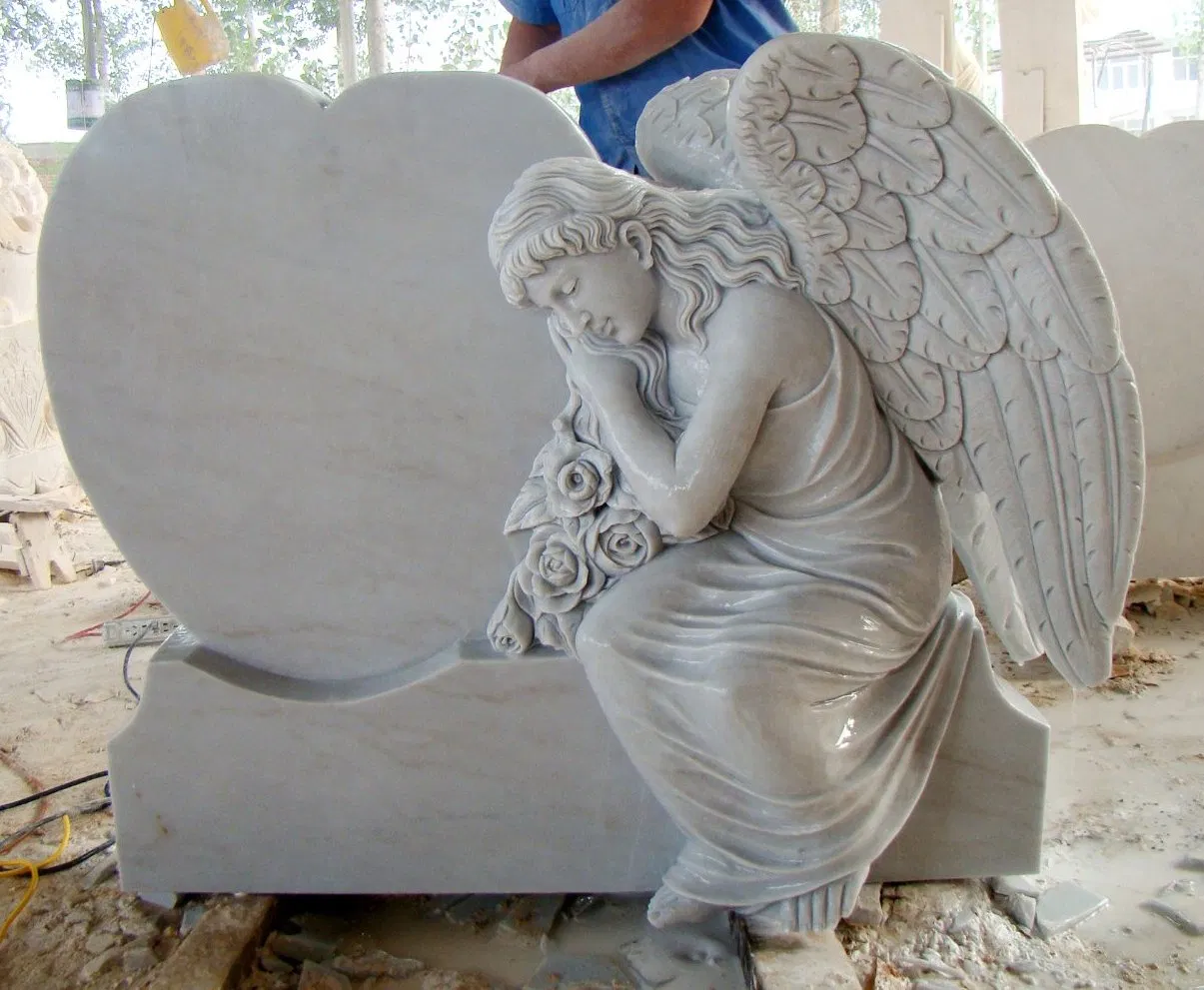Factory Price Polished Marble Tombstone White and Black Weeping Angel Heart Shaped Tombstone (SYMT-007)