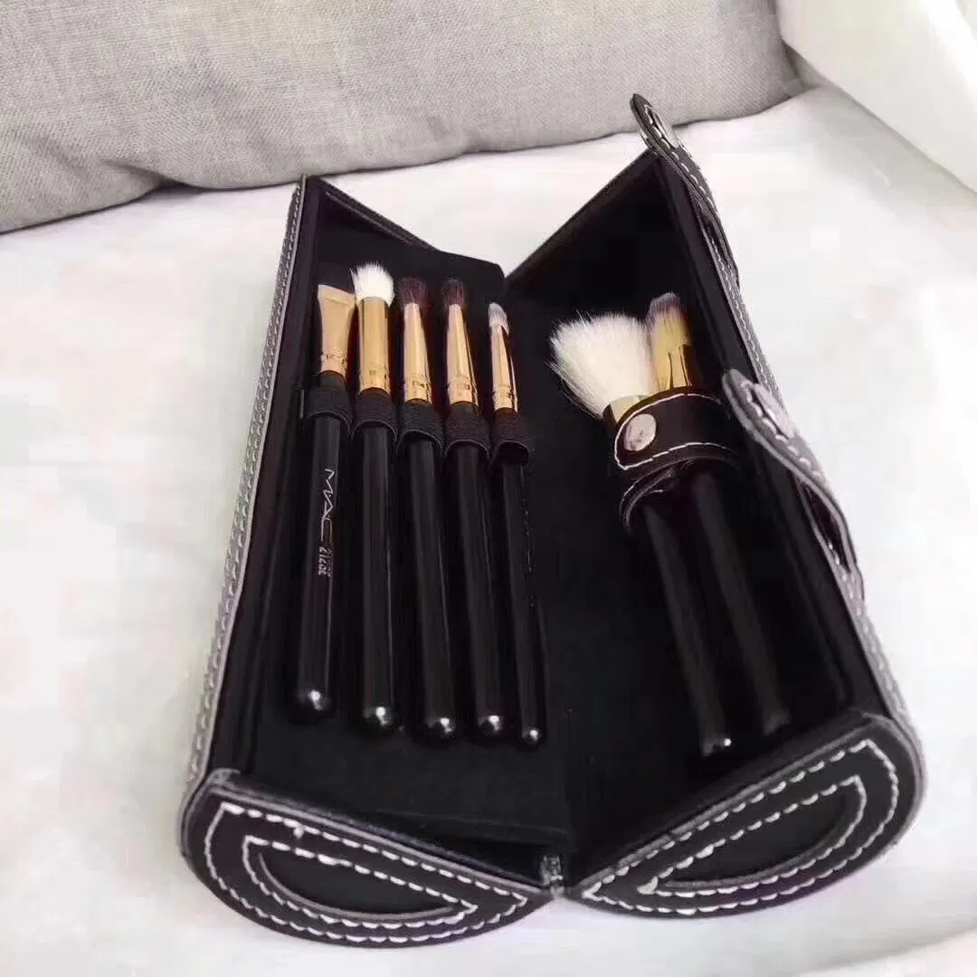 9PCS Black Colors Makeup Brushes Black Wooden Handle in Mirror Bucket