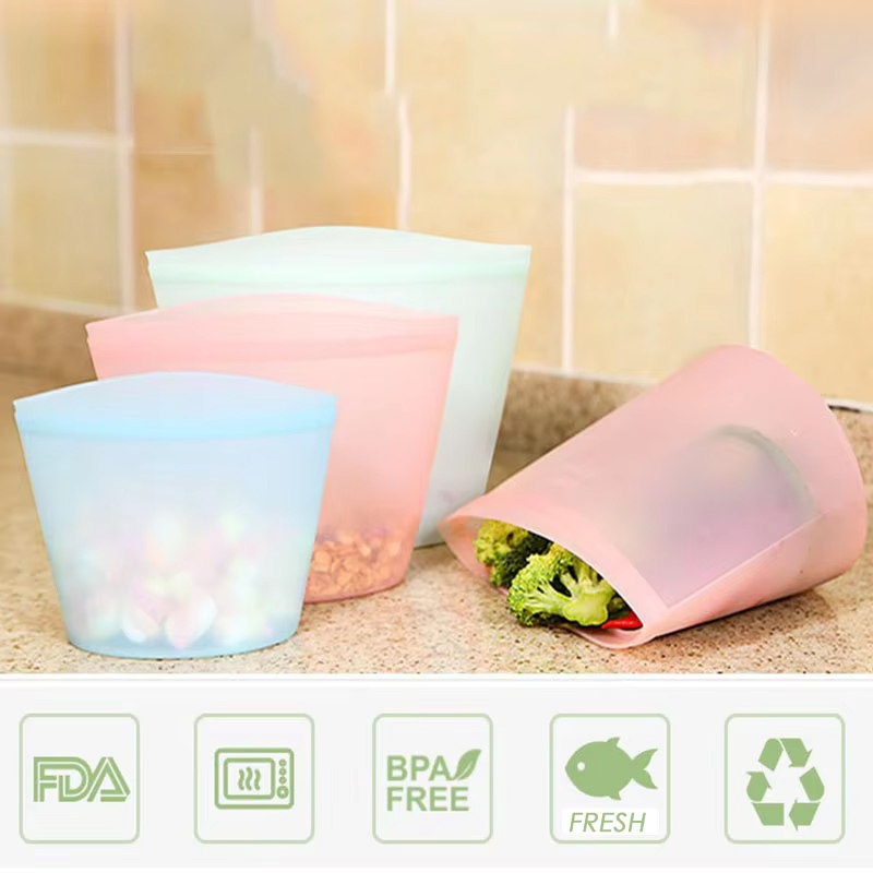 Popular Custom Print Logo Food Grade Kitchen Picnic Reusable Foldable Leakproof Stand up Packing Silicone Bag