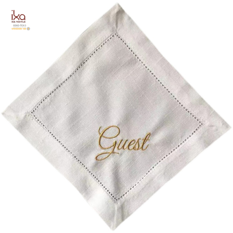 Restaurant Party Table Decorative Personalized Custom Wholesale Hemstitch White Embroidered Pure Linen Square Cocktail Napkins with Logo