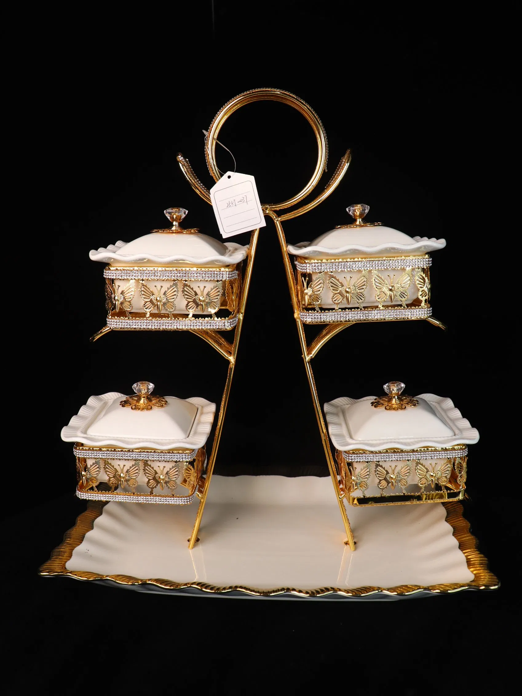 Home Ornament Gold-Plated Iron Frame with Large Size Ellipse Four-Panel Ceramic Bowl