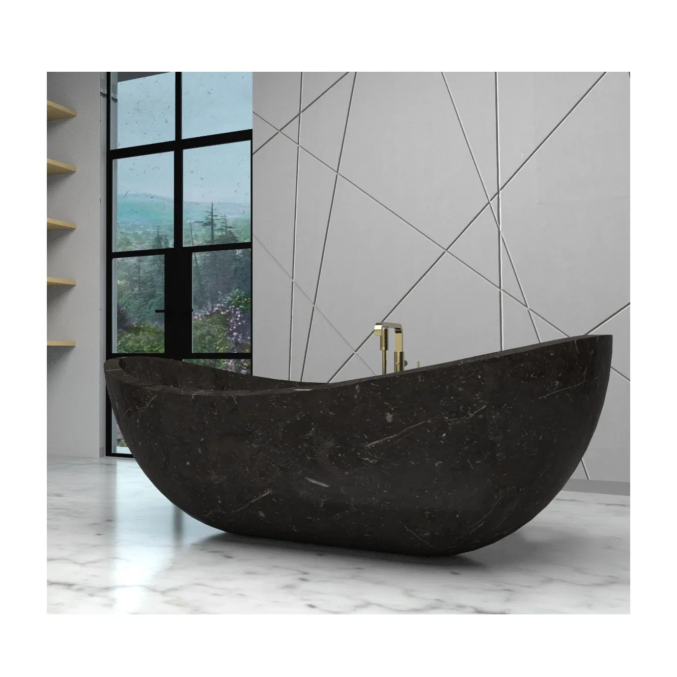 Черная мраморная ванна с грубой фактурой