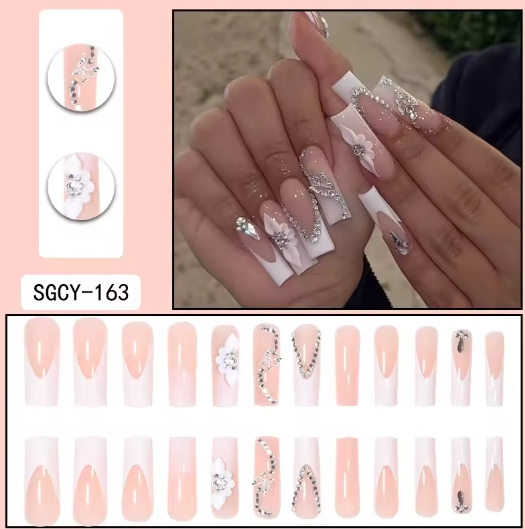 Hot Selling Pink Flower Artificial Nails Long Coffin Press on Nails