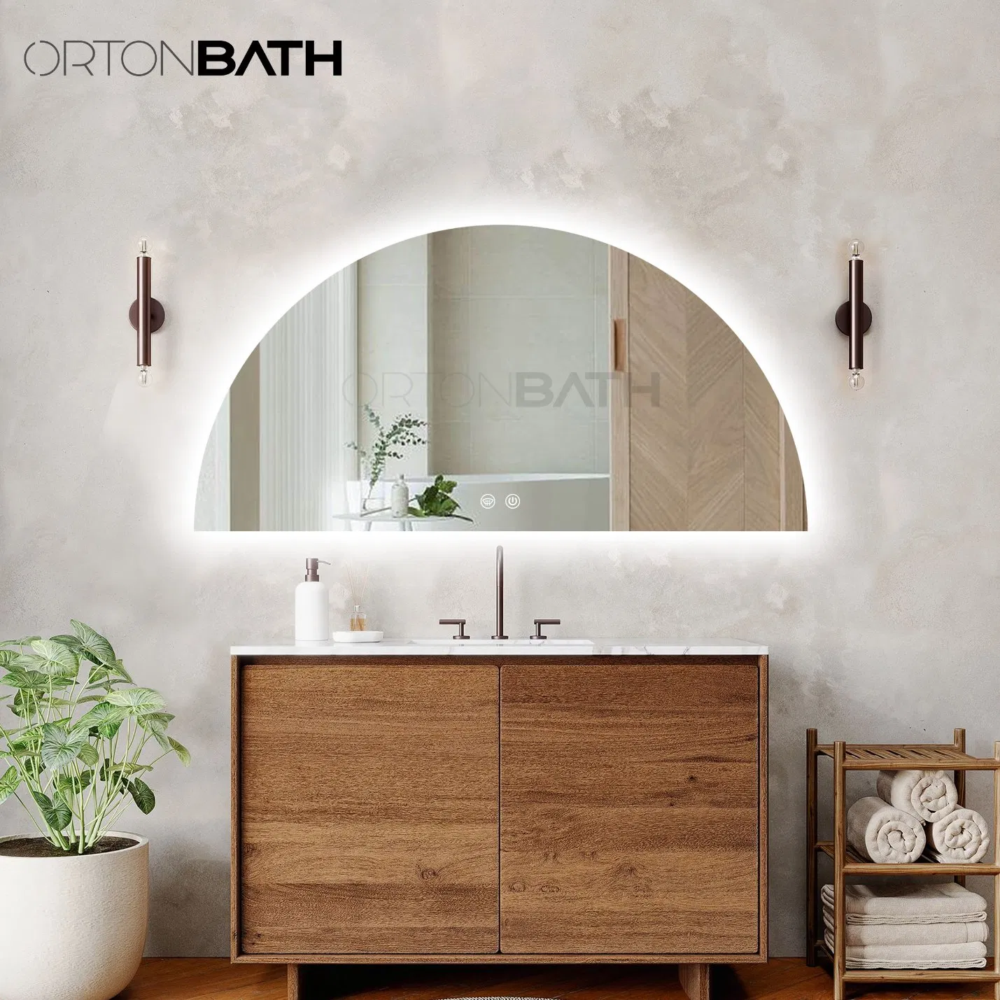 Ortonbath Backlit Lighted Bathroom Mirror for Wall, Anti-Fog, 3 Color Dimmable, Smart LED Vanity Mirror, 40" Half Moon HD Makeup Mirror for Home Hotel Decor