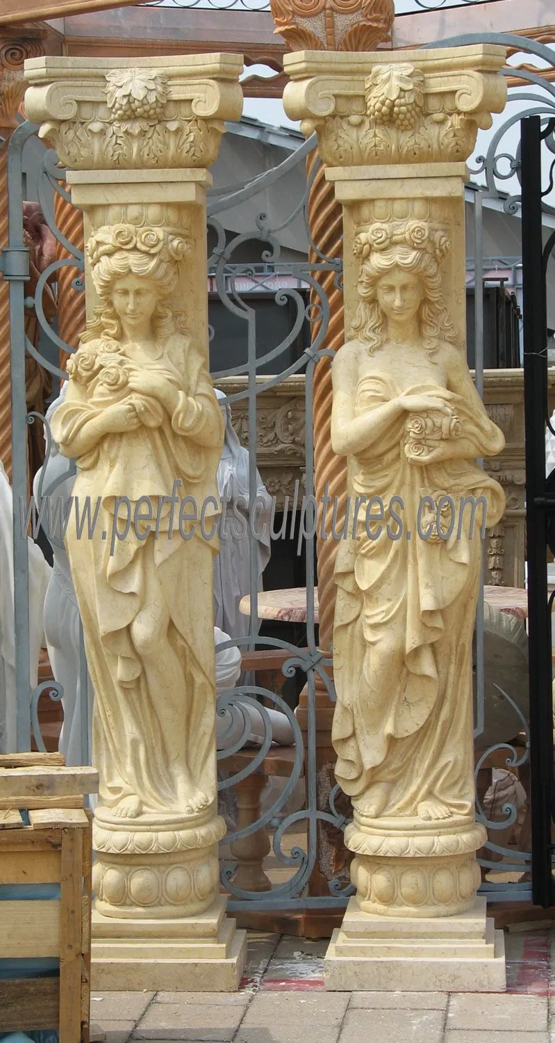 Hand Carved Classical Design Decorative Stone Roman Pillars Marble Column with Lady Sculpture Figure Statue (QCM129)