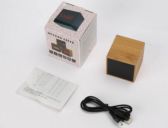 Table Desk Electronic LED Digital Bamboo Alarm Clock with Temperature