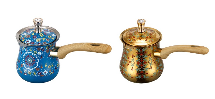 Stainless Steel Turkish Coffee Pot Set: 2-Piece Wooden-Handle Pitchers