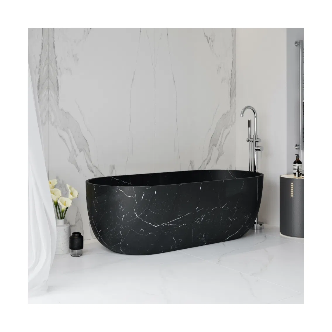 Черная мраморная ванна с грубой фактурой