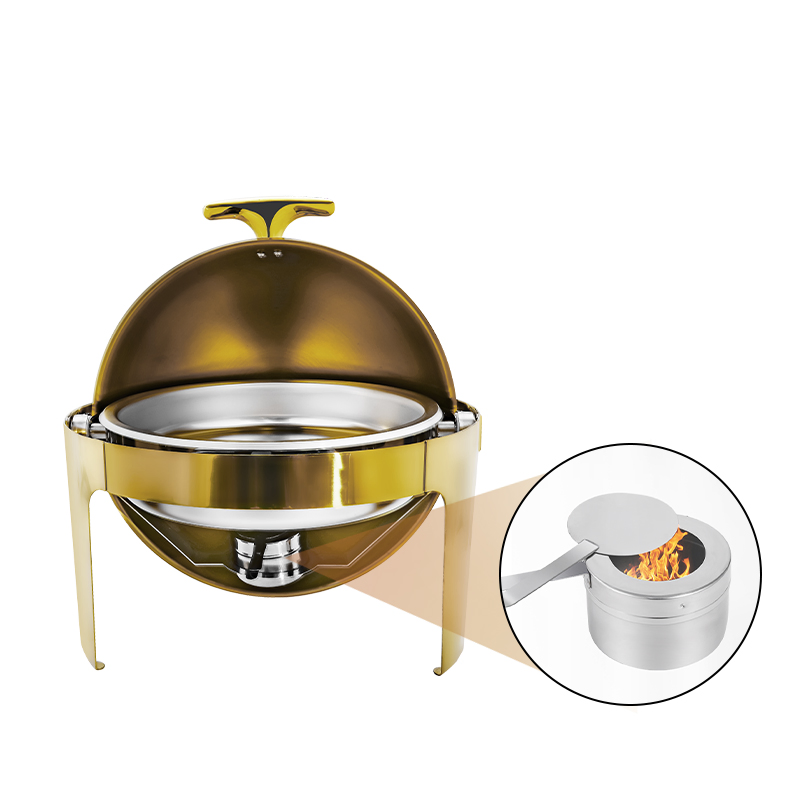 Daosheng Restaurant Supplies Wholesale Chafing Dishes Roll Top Serving Dish Buffet Stove 6 Liter Round Golden Chaffing Dishes