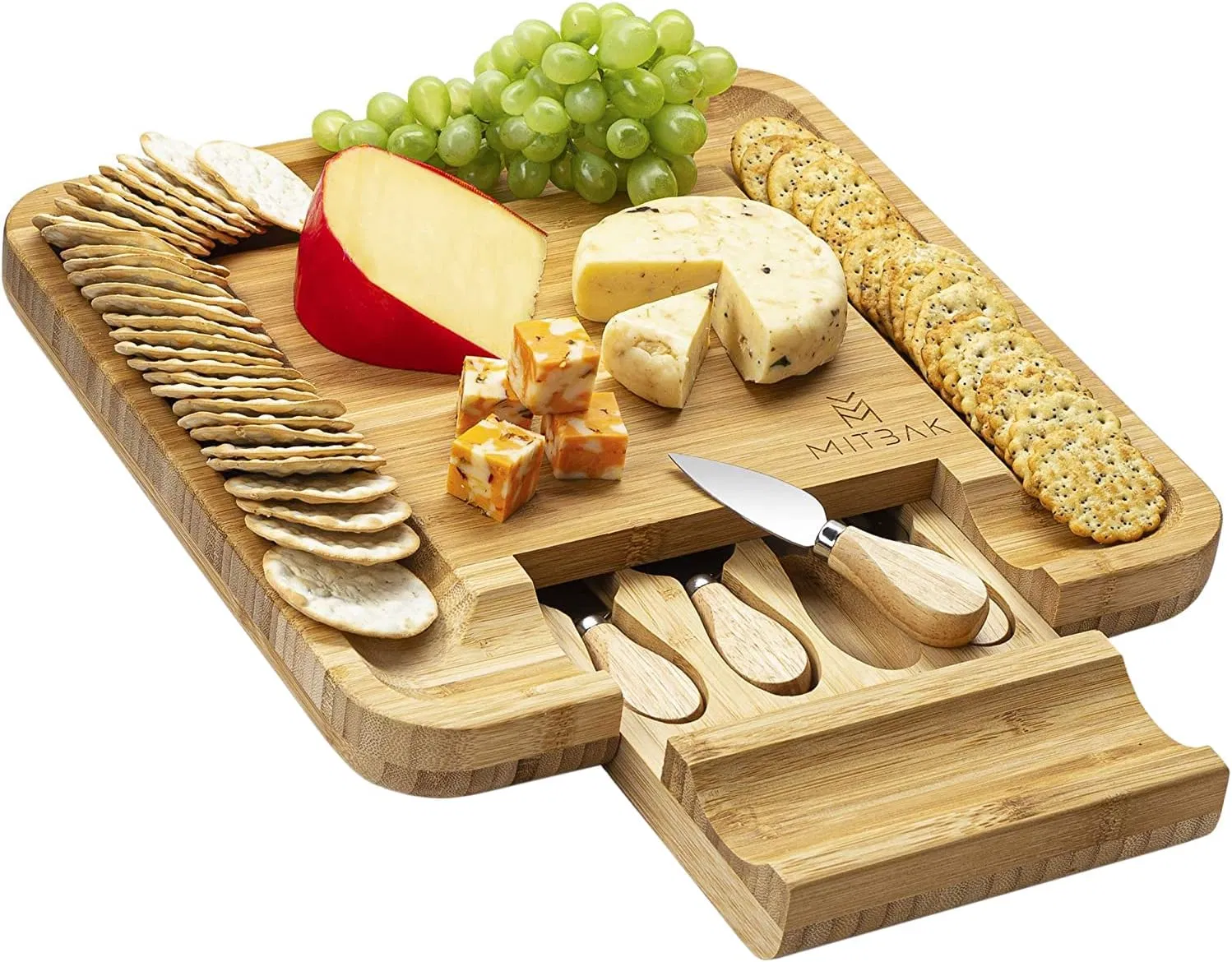 Bamboo Home Creative Kitchen Restaurant Suitable for Cheese Bread with Knives Bamboo Cheese Board