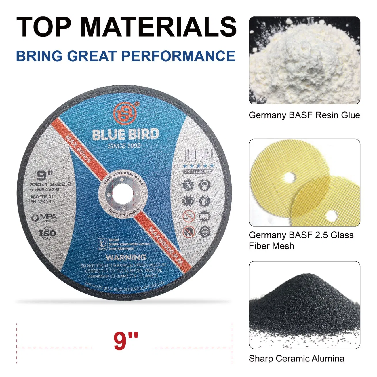 9 Inch, 230 *1.9*22.2 Blue Bird Quality Resin Cutting Disc, Double and Half Net, Super Thin Cut