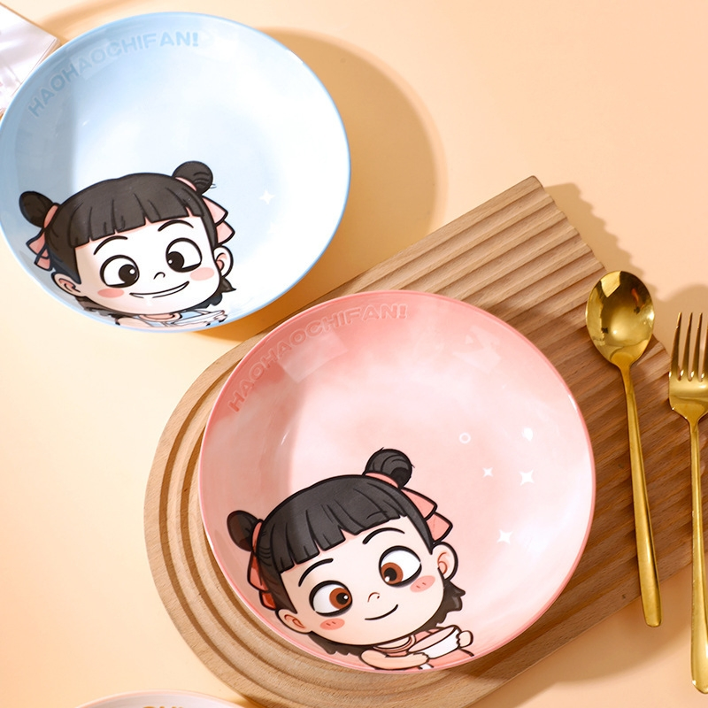 8"Coup Moon Soup Plate with Cartoon Decal Stoneware Ceramic Porcelain Tableware
