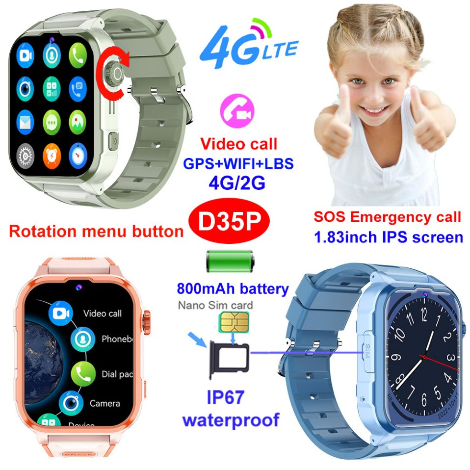 Детские умные часы с GPS-трекером D35P, 4G, видеозвонок