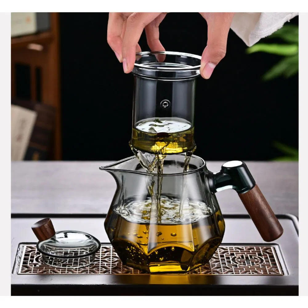 Easy One Click Tea Separation Filtration Glass Teapots with Wood Handle Wbb27323