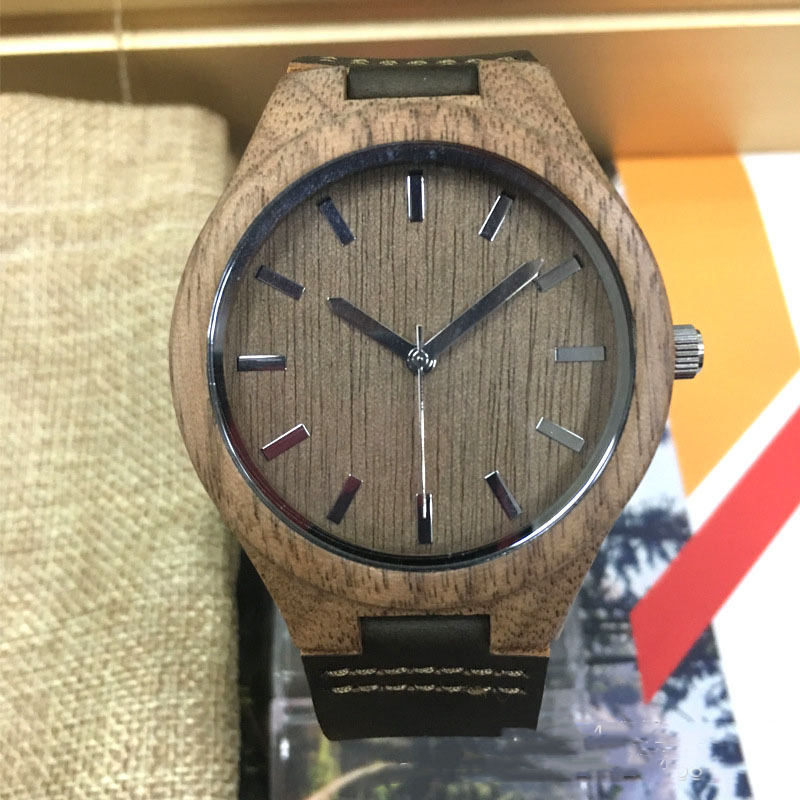 Hot Style Fashion Germanium Stone Engraved Walnut Leather Strap Quartz Watch