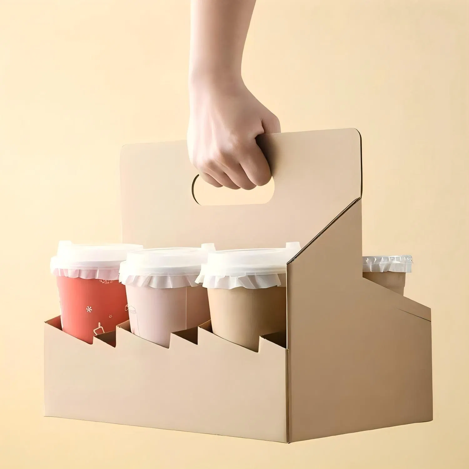 Eco-Friendly Take out Biodegradable Foldable Kraft Corrugated Cardboard Paper Drinks Cup Carrier Holder