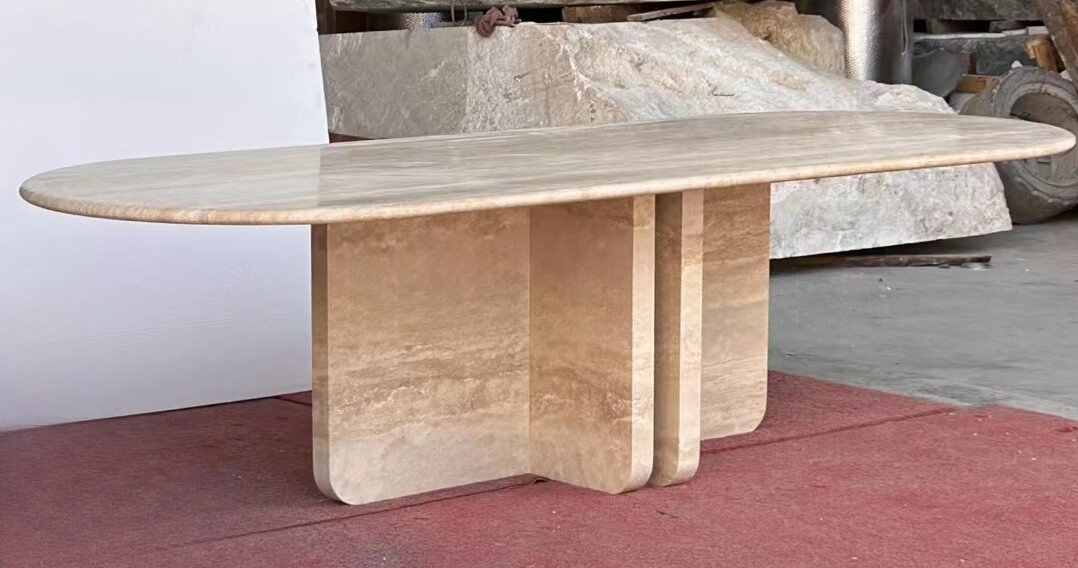 Natural Stone polished/honed/matt Beige/white Travertine Rectangular Dining Table for interiors/indoor furniture decoration