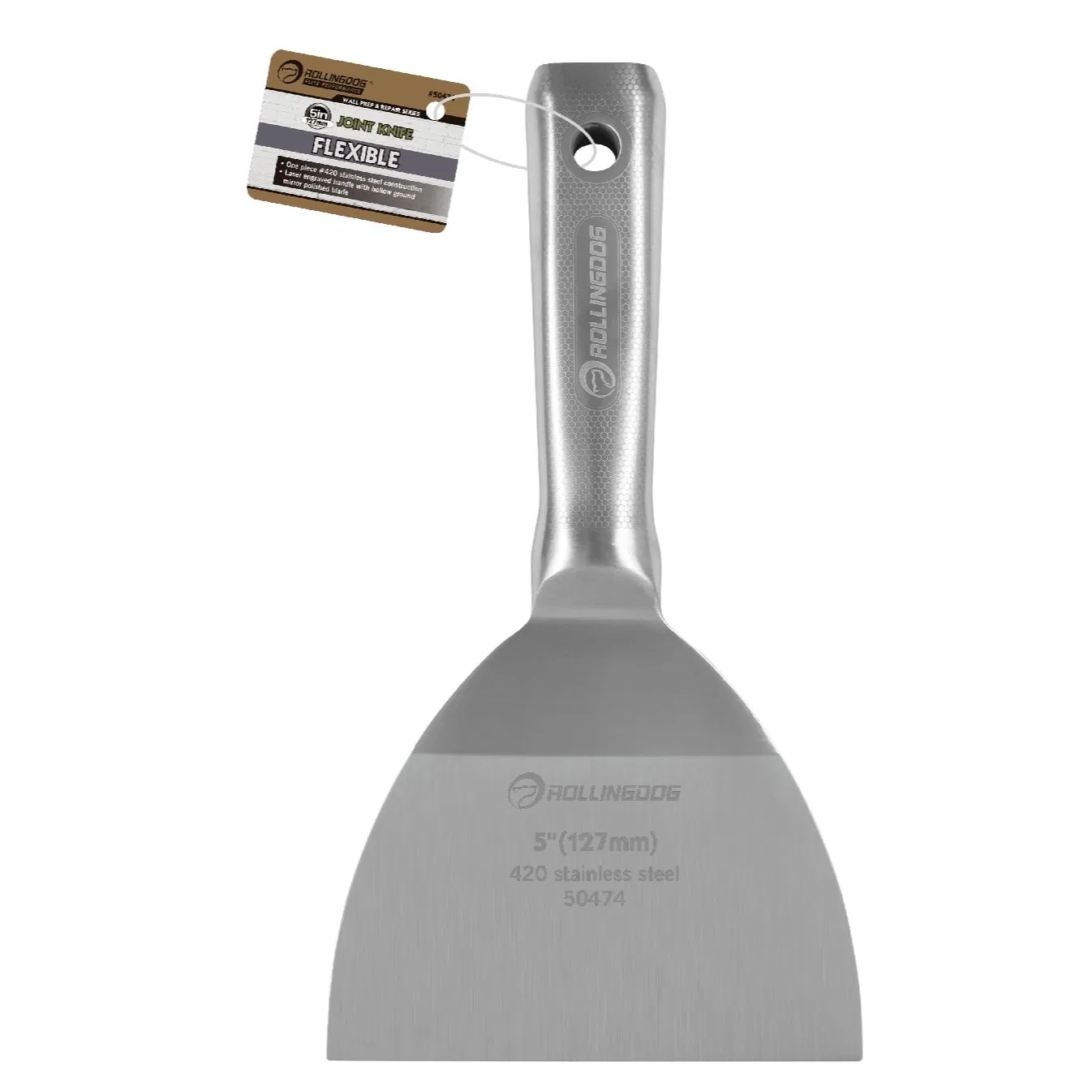 Rolingdog-Elite 50474 Stainless Steel 5 Inch Putty Knife Flexible All-Metal Mirror Polished