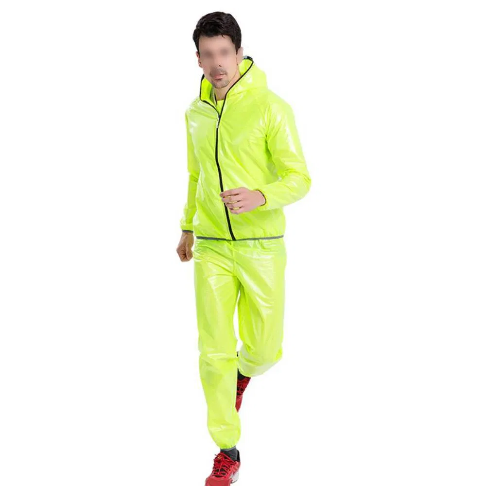 Cycling Rain Jacket and Pants Set Fluorescent Hooded Raincoat with Reflective Strips Esg13303