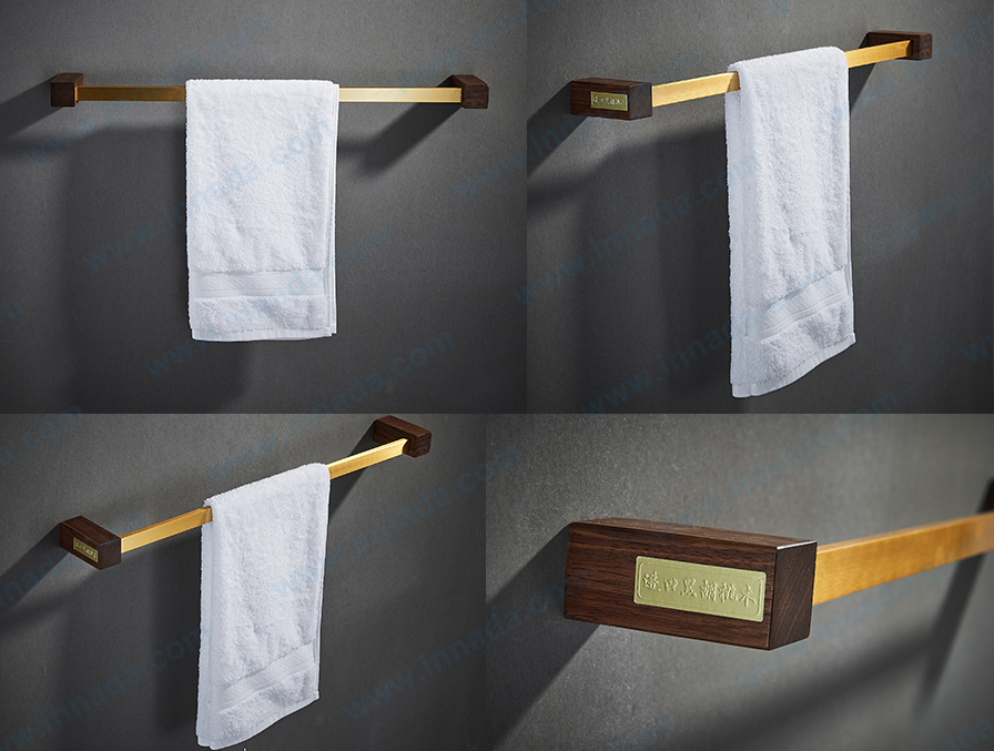Newest Wall Mounted Walnut Aluminum Bathroom Accessories Brushed Gold Towel Shelf (NC7808)